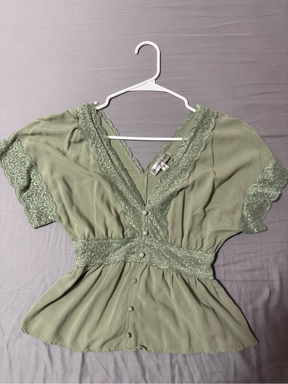 Madden Girl Sage Green Lace-Trim Button Front Peplum Top